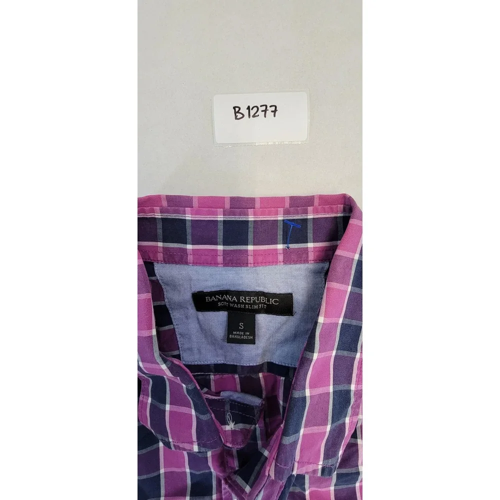 Banana Republic‎ Plaid Button Down Shirt Pink Navy Long Sleeve Slim Fit Mens S
